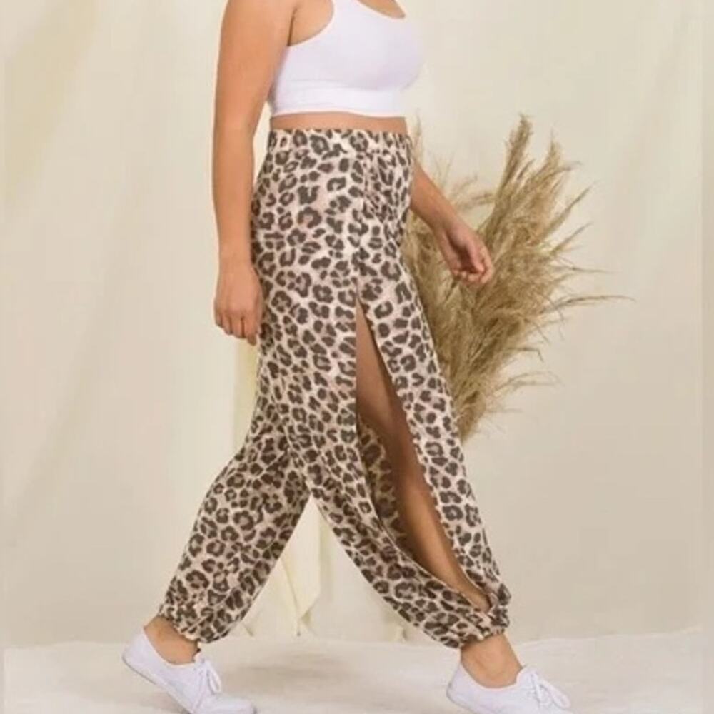 Zenana Plus Size Leopard Split Side Pants Elastic Waist - 2x and 3x